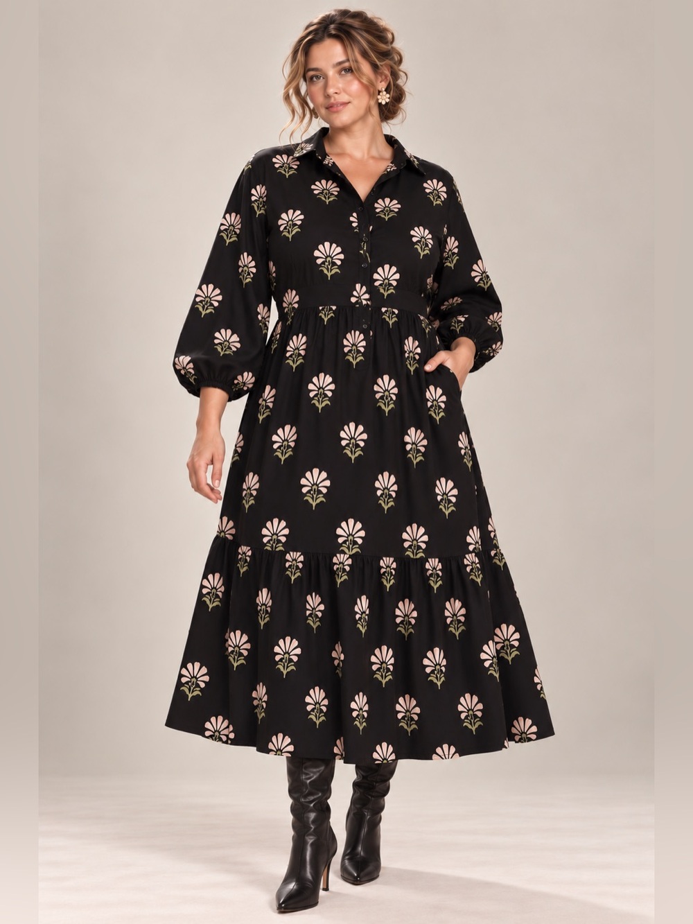 MAEVE Anthropologie Bettina Tiered Shirt Midi Dress Black Pink Floral Daisy 2X